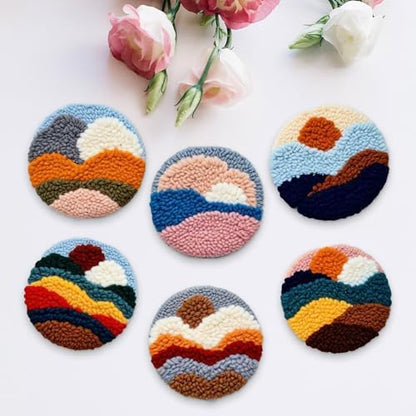 Starter Needle Coasters Kit, Punch Needle Embroidery DIY Set for Beginners Adults, Easy Coasters Kit with Adhesive Felt, Yarns, Embroidery Hoop (Multi landscape1) - Image 3