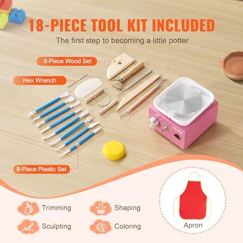 VEVOR Mini Pottery Wheel for Kids & Adults Beginners, 2 Turntables 2.6in/3.9in & Two-Way Rotation, Adjustable Speed, Complete Pottery Kit with 18 Accessories for Girls Birthday Christmas Gifts, Pink - Image 6