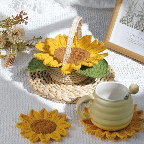 Beginner Crochet Kits, 5-Piece Sunflower Coaster Set, Plant Crochet kit, Adult Crochet Beginner Kits, with Step by Step Guide Video, Sunflower Crochet Material Tool - Image 6