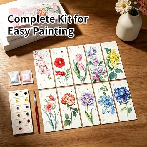Watercolor Bookmarks to Paint for Adults & Beginners, 10PCS DIY Painting Bookmarks with Hollow Floral Designs, Paint Set, Pen & Glitter, Stress Relief Art Craft Kit, Gift for Book Lovers, Readers - Image 4