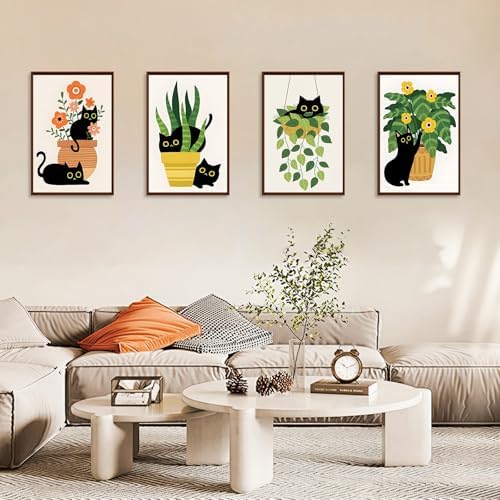 4 Pack Paint by Numbers Kit for Adults with Frame, Black Cat & Green Plant - Image 4
