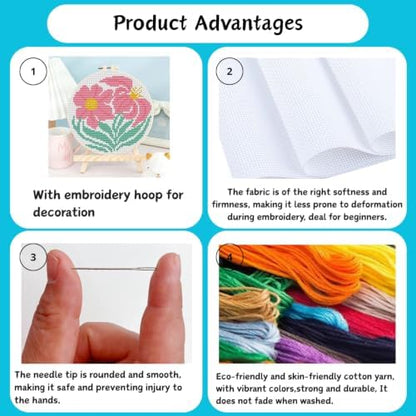 3 Pack Flower Stamped Cross Stitch Kits for Beginners,with Hoop 6x6 inch - Image 4