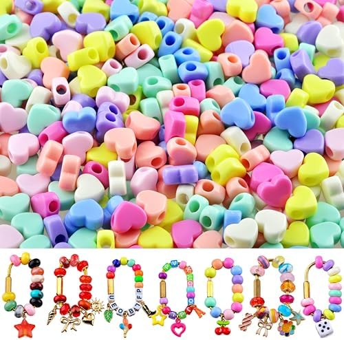 Large Hole Beads Carabiner Bag Charm Beads 200pcs Heart Jumbo Hair Bead Acrylic Big Hole 5mm Macrame Chunky Bead with Large Holes for Keychain Bag Charm by Cmidy