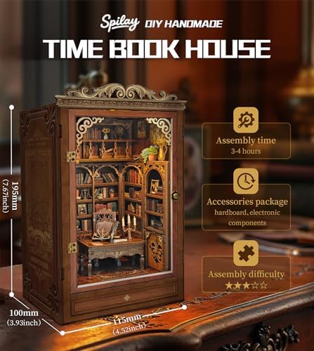 Spilay DIY Dollhouse Booknook Kit,DIY Bookshelf kit,with LED Light for Bookends Model Build kit,Handmade Crafts Gifts for Birthday Valentine's Day.(TIME Book House) - Image 2