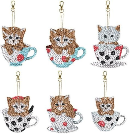 LazyFold 6Pcs Diamond Art Keychain Ornaments Kits for Adults,DIY Animals Teacup Cat Diamond Painting Keychain,Key Ring Art Pendant Tree Decor Gift（Single-Sided） by LazyFold