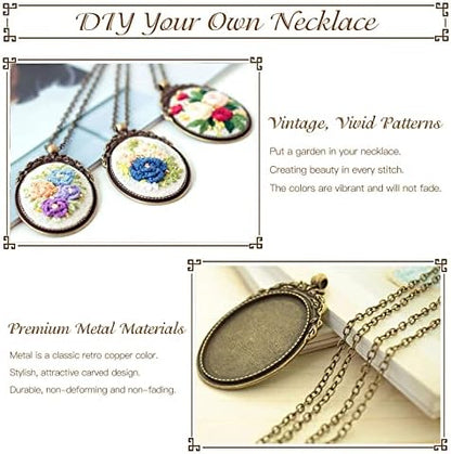 ZOCONE 3 Packs Embroidery Necklace Kit, Embroidery Pendant Kits Mini Cross Stitch Kit with Hoop, Necklace, Pendant, Beads, Stamped Pattern Cloth, Instructions, etc., Embroidery Kits for Adults - Image 4