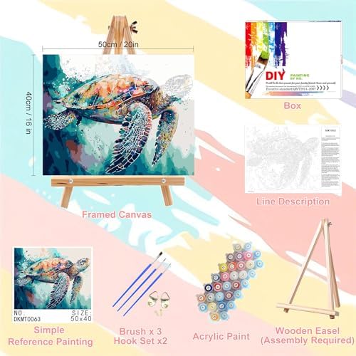Sea Turtle Paint by Numbers for Adults with Framed Canvas - Wooden Easel - Image 2