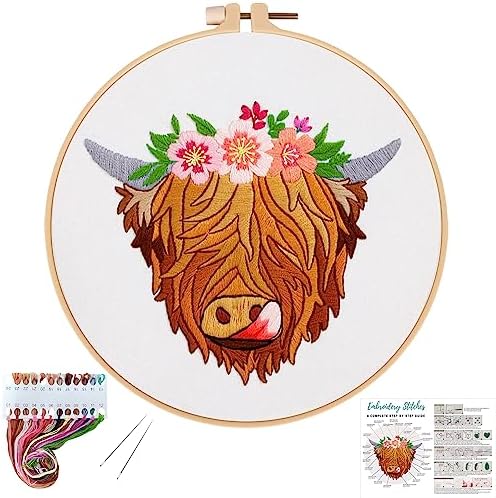 Louise Maelys Highland Cow Stamped Embroidery Kit Floral DIY Craft by LouiseMaelys