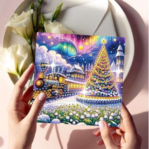 jinglinhh 6pcs Christmas Tree Train Village House Flowers Diamond Art Painting Greeting Cards with Envelopes, DIY Card Making Kits for Adults, Diamond Art Postcards Holiday Cards Craft Gifts - Image 7