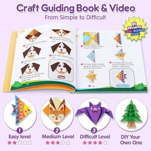 Mocoosy 320 Sheets Origami Kit for Kids Ages 5-8 9-12, Folding Paper Set with Origami Book & Paper Airplane, DIY Art Craft Project for Boys Girls, Travel Game Airplane Car Road Trip Activity Toy Gift - Image 4