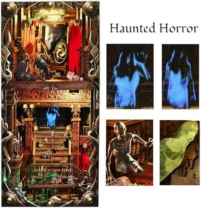Creepy Book Nook Kit, DIY Miniature Dollhouse Halloween 3D Puzzle,Horror Scary 3D Wooden Puzzle Bookend Bookshelf Insert Decor with LED Light,Bloody Hotel - Image 3