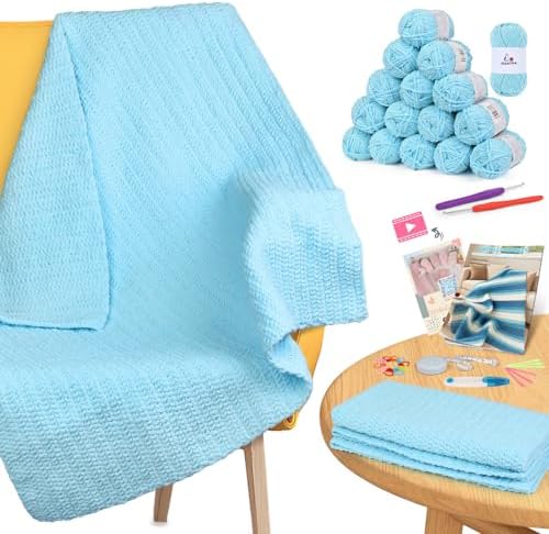Aeelike Crochet Blanket Kit for Beginners, Easy Soft Crochet Kit, Blue by Aeelikescrochetworld