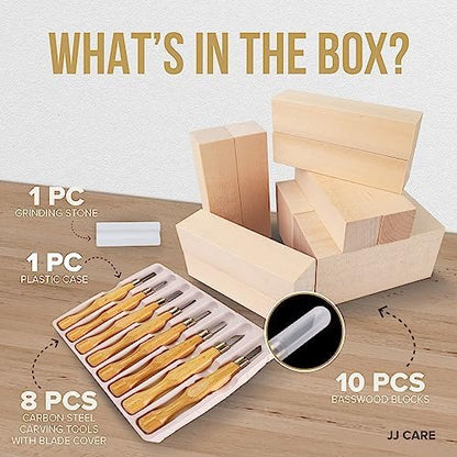 JJ CARE Wood Carving Kit [8 SK7 Carving Knives with Beechwood Handle, 10 Basswood Carving Blocks, Carrying Case, Whittling Book], Beginner Wood Carving Kit - Image 3