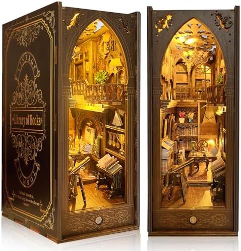 Book Nook Kit, MOJINO DIY Miniature 3D Puzzle Wooden Bookends Doll House with LED Lights for Bookshelf Decor, Tiny Miniverse Model House Art Craft for Adults Gril Halloween Christmas Decoration Gift by MOJINO