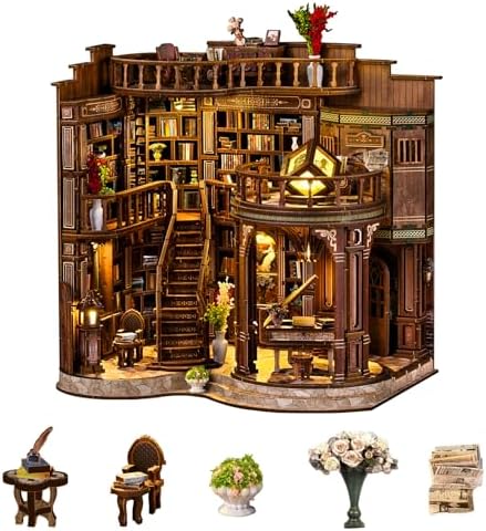 DIY Book Nook Kit, 3D Wooden Puzzle Miniature Booknook Bookend Bookshelf Decor with LED Light,Cherry Blossom Bookstore Bookshelf Insert Booknook, Book Nook Kits for Adults by Kaayeewood