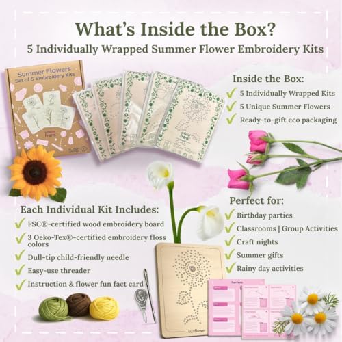 Wooden Flower Lacing Embroidery Kits for Beginners, Set of 5 Learn-to-Stitch Craft Boards, Sewing & Embroidery Art Kits for Kids Ages 8+, DIY Craft Projects, Educational Gifts, Party Favors (Summer) - Image 2