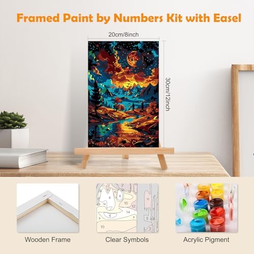MOGTAA Starry Night Paint by Numbers Kit for Adults with Frame, Mountains Paint by Number Canvas, Landscape Paint by Numbers with Easel, DIY Oil Painting Kit for Home Wall Decor 8 x 12 Inch - Image 2
