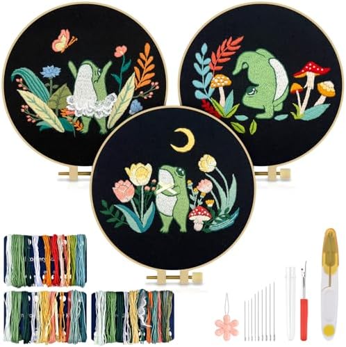 TINDTOP 3 Sets Embroidery Kit for Adults, Frog Embroidery Practice Kit by TINDTOP