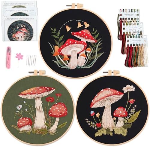 Myfelicity 3 Sets Mushroom Embroidery kit, Adult Beginner DIY Needle kit,Art Craft Handy Sewing Set by Myfelicityembroiderykit