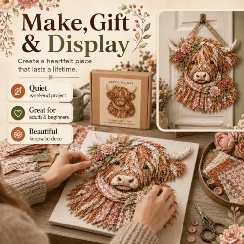 Birth Flower Highland Cow 3D Layered Fabric Art DIY Kit for Adults (E1PC) - Image 6