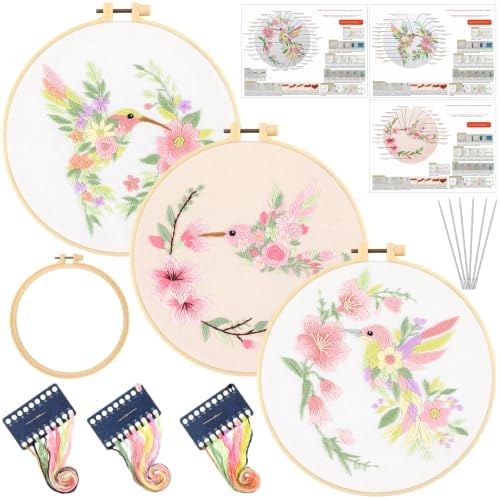 Mindsoft 3 Set Needlepoint Kit for Beginners with Hoop,Flower Hummingbird by Mindsoft