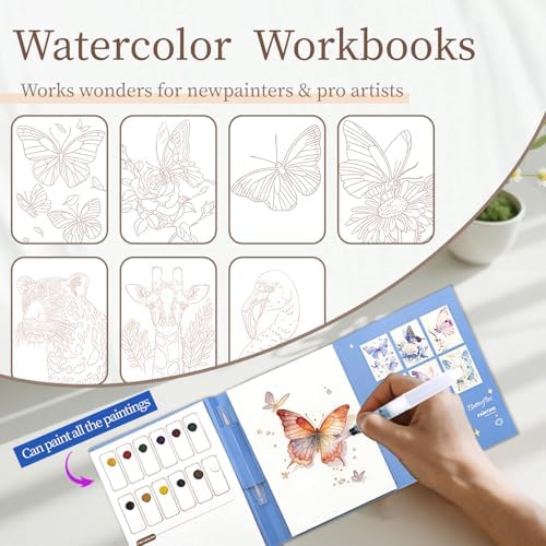 NaTuGi 2Pac Watercolor Workbook for Adults,Watercolor Coloring Book,Portable Watercolor Painting Books,Creative Stress Relief Kit,Suitable for Beginners Birthday Gift (Butterflies and Animals) - Image 2