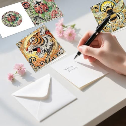 6 Pack Animal Diamond Art Greeting Cards with Envelopes, DIY 5D Diamond Painting Card Kit Featuring Phoenix Owl Bee Eagle Ladybug and Tiger, Handmade Rhinestone Craft Cards for Birthday and Holiday - Image 4
