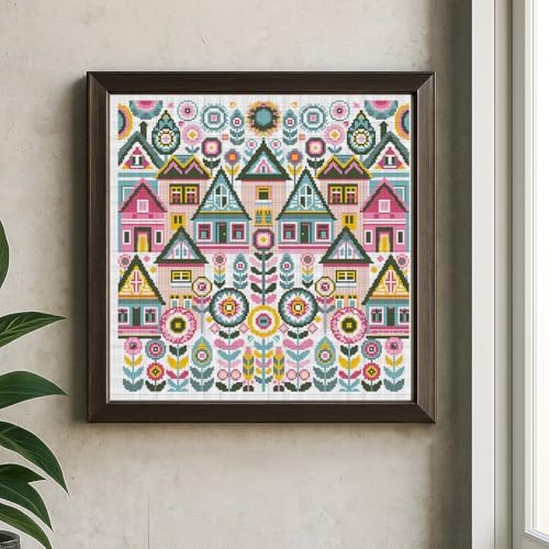 FREEBLOSS 11CT Vector Cottage Stamped Cross Stitch Kits Complete Embroidery Kits with Instruction Cross Stitch Wall Hanging Kit for Needlepoint Adults Wall Art Decoration 18x18in/45x45cm - Image 5