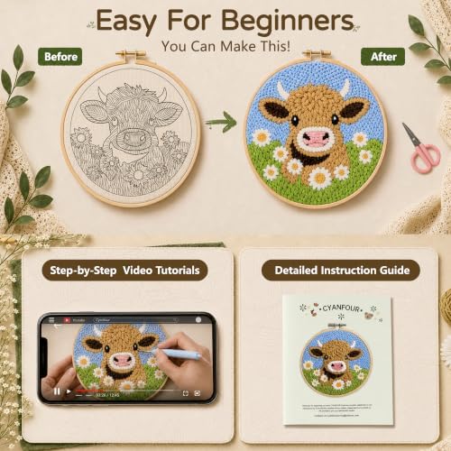CYANFOUR Punch Needle Kit for Beginners, Sloth Punch Needle Kits Adults, Craft Kits for Adults with 2 Pre-Printed Fabrics, Embroidery Hoop, Threads, DIY Gift and Home Decor 20 * 20cm - Image 3
