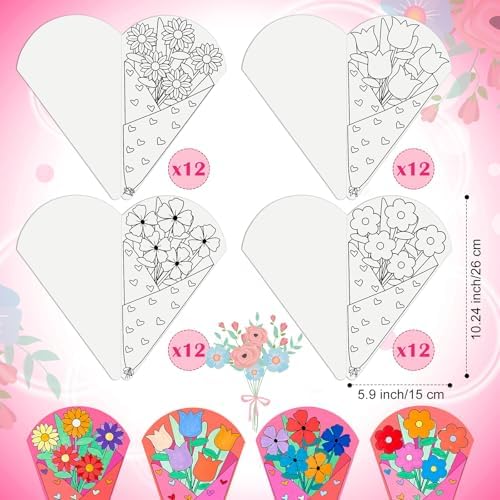 48 Pcs DIY Flower Bouquet Craft Kit, Paper Flower Coloring Set with Stems, Handmade Floral Craft Supplies for Teacher Appreciation Gifts, Fun Activities, Graduation Nurse Party Decorations - Image 3