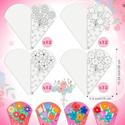 48 Pcs DIY Flower Bouquet Craft Kit, Paper Flower Coloring Set with Stems, Handmade Floral Craft Supplies for Teacher Appreciation Gifts, Fun Activities, Graduation Nurse Party Decorations - Image 3