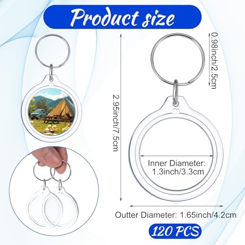120 Pcs Pendant Picture Frame Keyrings, Clear Acrylic Photo Frame Keychain Holder, Make Your Own Personalized Keyring Kit, Round Blank Photo Insert Keychains for DIY Craft - Image 2