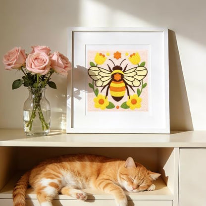DOODLREAM Bumble Bee Flower Needle Kit for Beginner, 9.4"x 9.4" Cute Garden Bee Punch Stitching Craft Set, DIY Embroidery Starter with Printed Frame, Instruction, Threader, Yarn, Pinch Needle - Image 6