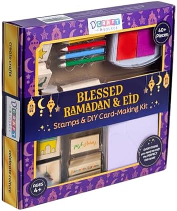 Ramadan & Eid Crafts Set with Stamps DIY Card-Making Kit for Kids 40 Pieces 11 Wooden Stamps, 12 Cards & Envelopes, 5 Pencils, Dual-Color Ink Pad, Ramadan Stickers-Islamic Gifts, Ramadan Decor - Image 2