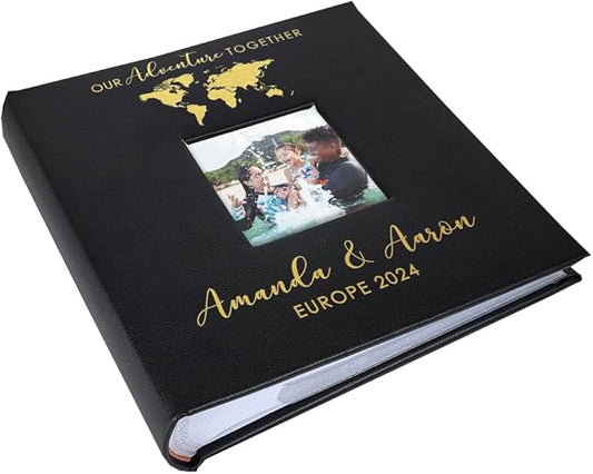 Personalized Photo Album, Custom Engraved Picture Album, Holds 200 4" x 6" Photos, Leatherette and Laser Engraved Scrapbook, Adventure Together, Black