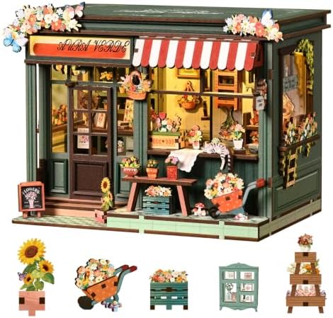 Book Nook Kit - DIY Miniature House Kit with LED Light, Flower Shop Wooden Bookshelf Decor, 3D Puzzles for Adults, Home Office Shelf Decoration, Creative Gift for Women, Book Lovers by Kalawen