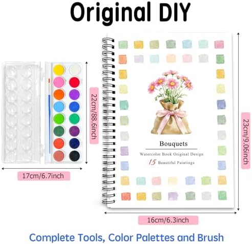 SLWBZ Watercolor Workbook Bouquets, 15 Different Patterns of Original DIY Designs, 16 Color Watercolor Paint Plates with Palette and Brush, Beginner-Friendly Watercolor Workbooks, Bouquets - Image 2