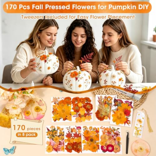 170 PCS Fall Dried Pressed Flowers with Tweezers, Real Nature Dried Flowers Orange Autumn Pressed Florals Set for Resin Scrapbooking Vase Candle Making Card Scrapbook Craft Floral Decors - Image 2