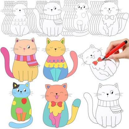 48 Pcs Cat Coloring Craft Color Your Own Paper Cat Paper Crafts Cute Kitten Drawing DIY Arts Summer Birthday Holiday Mother Teacher's Day Gift for Adult Painting Activities Favors Decors by Moinchore