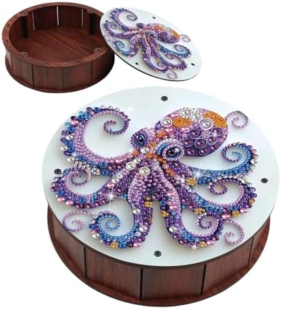 antor DIY Diamond Art Painting Storage Box, Octopus Design 5D Crystal Rhinestone Art Wooden Serving Box, Round Snack or Trinket Container Tabletop Ornament for Ocean Decor or Handmade Gift by antor