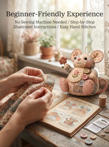Patchwork Mouse DIY Sewing Kit for Beginners,Handmade Animal Craft Set with Pre-Cut Floral Fabric,Stuffing and Buttons,Plush Ornament Project (A#) - Image 3
