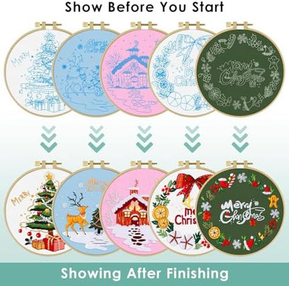 ERKOON 5 Sets Embroidery Kit for Beginners, Christmas Cross Stitch Set with Easy Pattern Embroidery Cloth Hoops Threads for Craft Lover Hand Stitch - Image 4