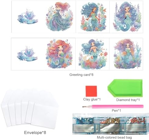 TDFERAN Diamond Painting Blank Cards Blank Cards Mermaid Greetings Card Set of 6 Birthday Greeting Card Greeting Cards with Envelopes Little Mermaid Diamond Painting Party Invitation Card - Image 3