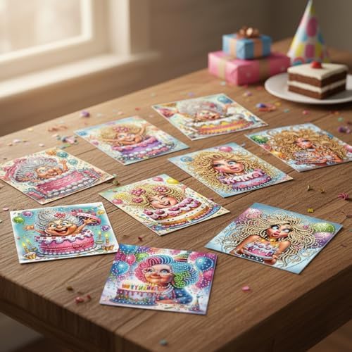 jinglinhh 12pcs Diamond Art Painting Birthday Cake Balloons Woman Greeting Cards with Envelopes, DIY Card Making Kits for Adults, Diamond Art Christmas Cards for Holiday Gifts - Image 6