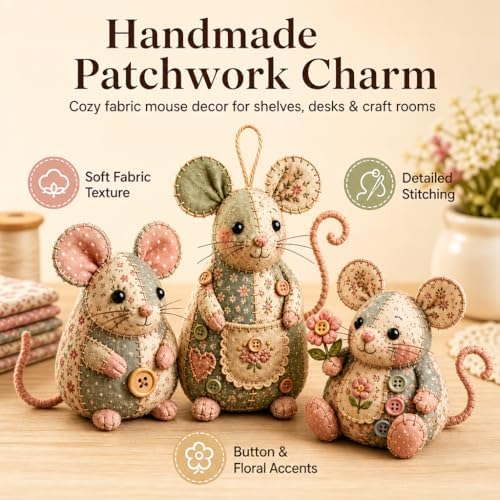 Patchwork Mouse DIY Kit, Handmade Sewing Craft Set,Cute Mouse Ornament DIY Kit,with Floral Fabric, Stuffing, Buttons, for Adults, Beginners,Gift for Birthdays, Holidays (D) - Image 6