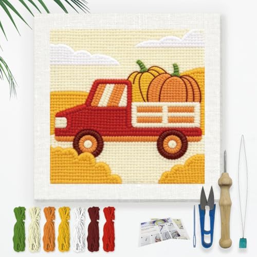 Doodlream Pumpkin Truck Needle Kit for Beginner, 9.4"x 9.4" Fall Harvest Punch Stitching Craft Set, DIY Embroidery Starter with Printed Frame, Instruction, Threader, Yarn, Pinch Needle by Doodlream