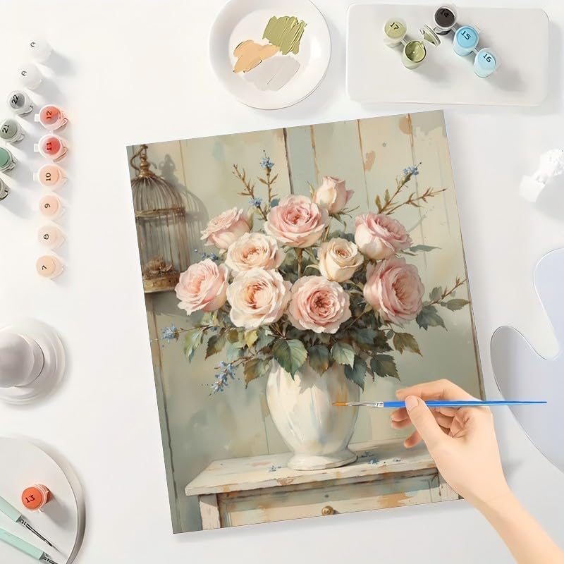 Still Life Paint by Numbers Kit for Adults - DIY Pink Roses in Vase Painting on Canvas, Acrylic Paint Set, Suitable for Beginners, Art for Home Decoration or Gifts(8X12IN Framed) - Image 3