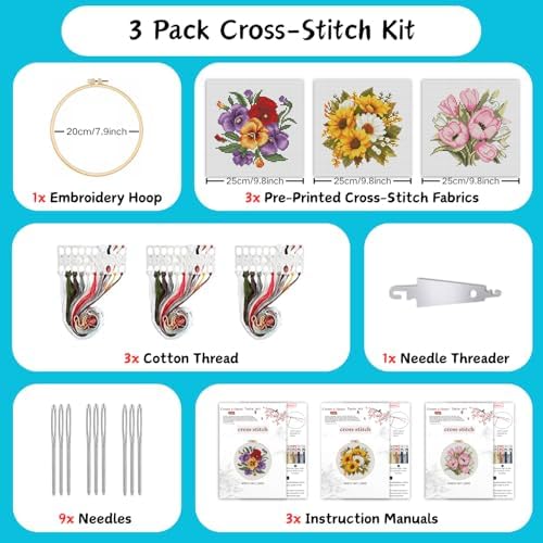 TCDZMYGS 3 Pack Flower Cross Stitch Kits for Beginners,with Hoop 8x8in - Image 3