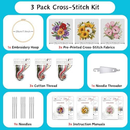 TCDZMYGS 3 Pack Flower Cross Stitch Kits for Beginners,with Hoop 8x8in - Image 3