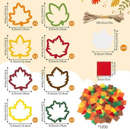 CJiangpo 24 Sets Fall Maple Leaves Suncatcher Paper Craft Kits, DIY Stained Glass Effect Window Ornament Rainbow Tissue Paper Art Craft Classroom Activities Supplies Thanksgiving Party Decor - Image 2